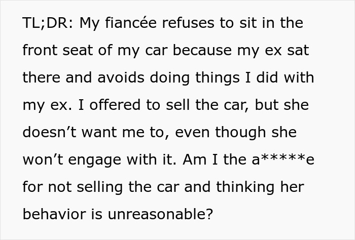 Text about fiancée's discomfort with using a car due to ex's past presence in it. Text about fiancée's discomfort with using a car due to ex's past presence in it.
