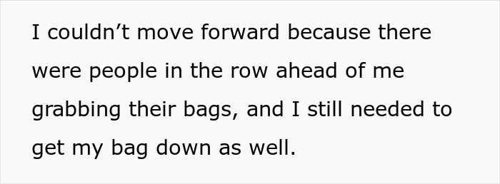 Text about plane experience, focusing on space issues during baggage retrieval. Text about plane experience, focusing on space issues during baggage retrieval.