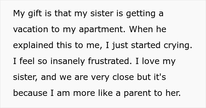 Text detailing a man's surprise gift causing frustration and tears, highlighting emotional complexity. Text detailing a man's surprise gift causing frustration and tears, highlighting emotional complexity.