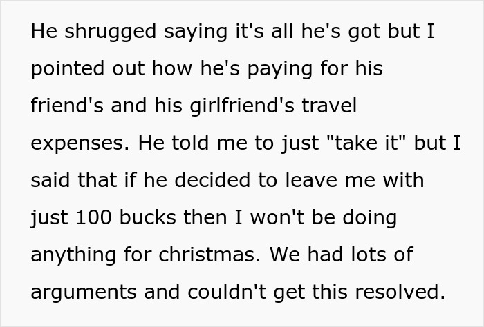 Text showing a disagreement over holiday planning and budget differences, with emphasis on a $100 limit for Christmas. Text showing a disagreement over holiday planning and budget differences, with emphasis on a $100 limit for Christmas.