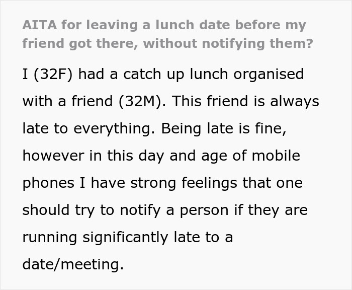 Text discussing a woman considering leaving a lunch date due to her friend's habitual lateness. Text discussing a woman considering leaving a lunch date due to her friend's habitual lateness.
