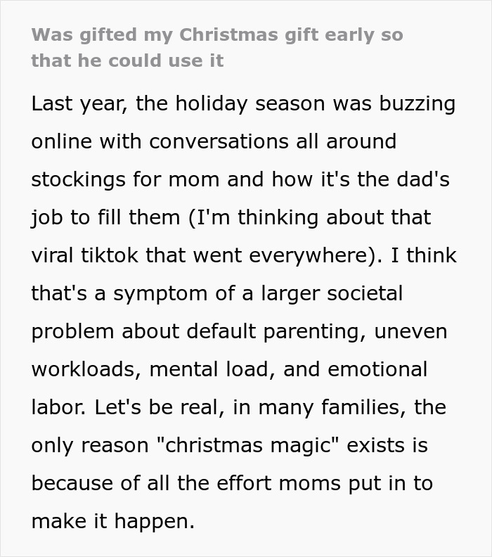 Text discussing the early gifting of a Christmas gift, societal issues, and parenting roles. Text discussing the early gifting of a Christmas gift, societal issues, and parenting roles.