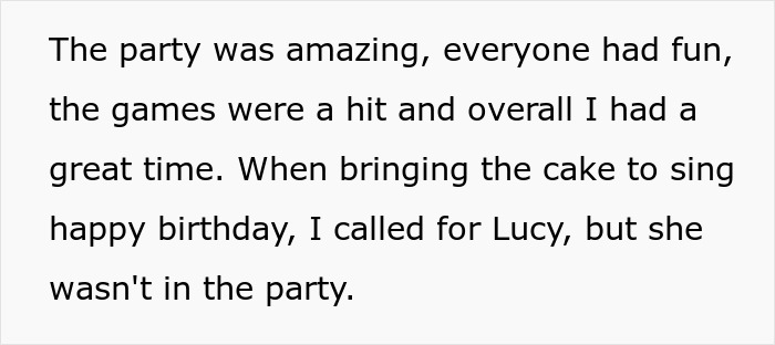 Text about a party where Lucy went missing during the celebration. Text about a party where Lucy went missing during the celebration.
