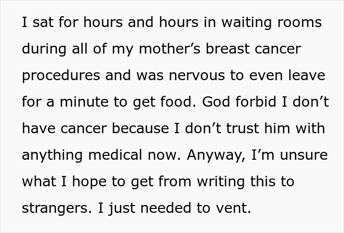 Text expressing frustration and distrust after being left alone during surgery, highlighting feelings of anxiety and betrayal. Text expressing frustration and distrust after being left alone during surgery, highlighting feelings of anxiety and betrayal.