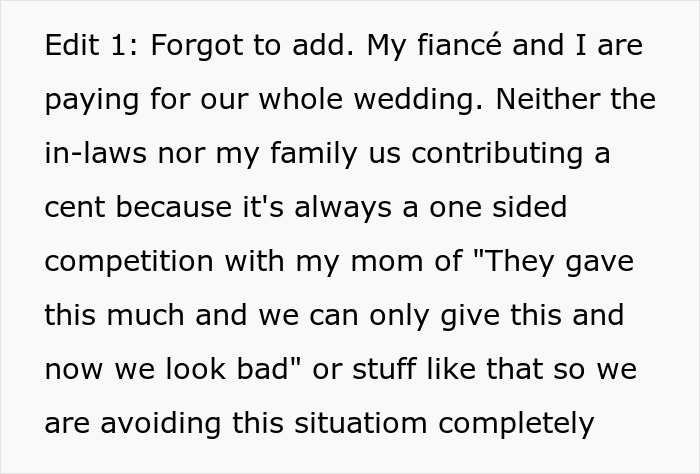 Text message about a couple's struggles with wedding expenses and family dynamics. Text message about a couple's struggles with wedding expenses and family dynamics.
