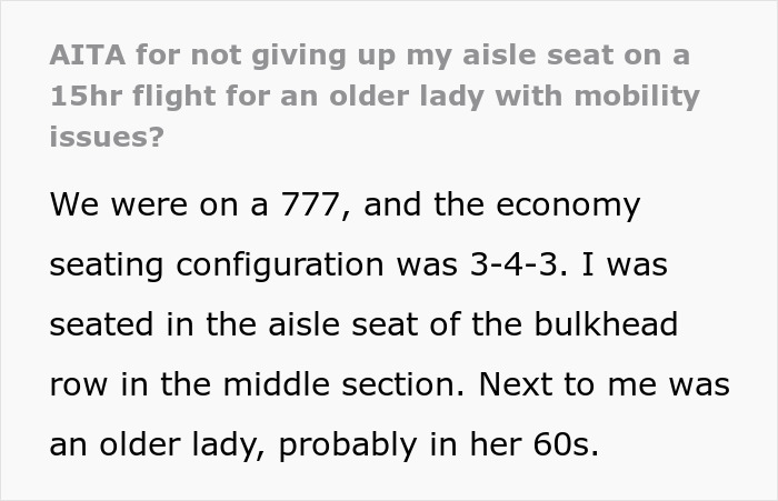 Text conversation about refusing to switch airplane seats with a 60-year-old lady, discussing mobility issues. Text conversation about refusing to switch airplane seats with a 60-year-old lady, discussing mobility issues.