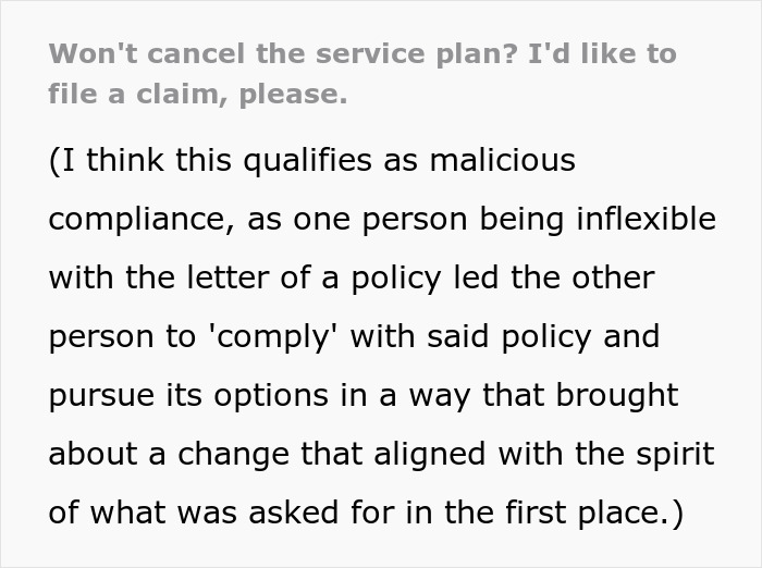 Text about company regretting decision, hinting at malicious compliance involving a service plan cancellation issue. Text about company regretting decision, hinting at malicious compliance involving a service plan cancellation issue.