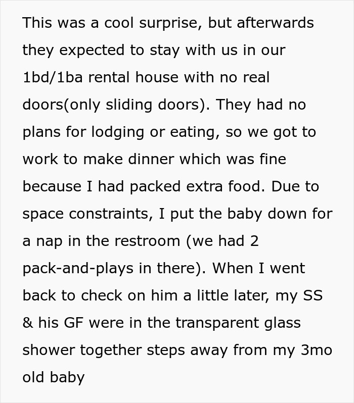 Text recounting unexpected in-laws arriving during a crowded vacation stay with no extra space. Text recounting unexpected in-laws arriving during a crowded vacation stay with no extra space.