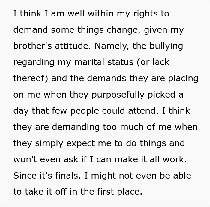 Text screenshot of a woman expressing frustration about being burdened with her brother's wedding chores. Text screenshot of a woman expressing frustration about being burdened with her brother's wedding chores.