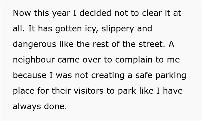 Text discussing neighbor's complaint about snow shoveling. Text discussing neighbor's complaint about snow shoveling.