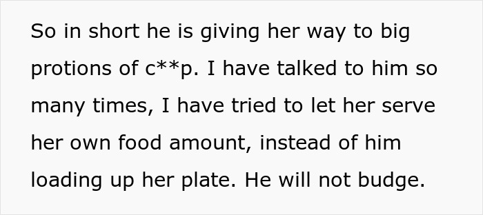 Text about ex-husband giving daughter large junk food portions; wife disagrees about sending her to "fat camp". Text about ex-husband giving daughter large junk food portions; wife disagrees about sending her to "fat camp".