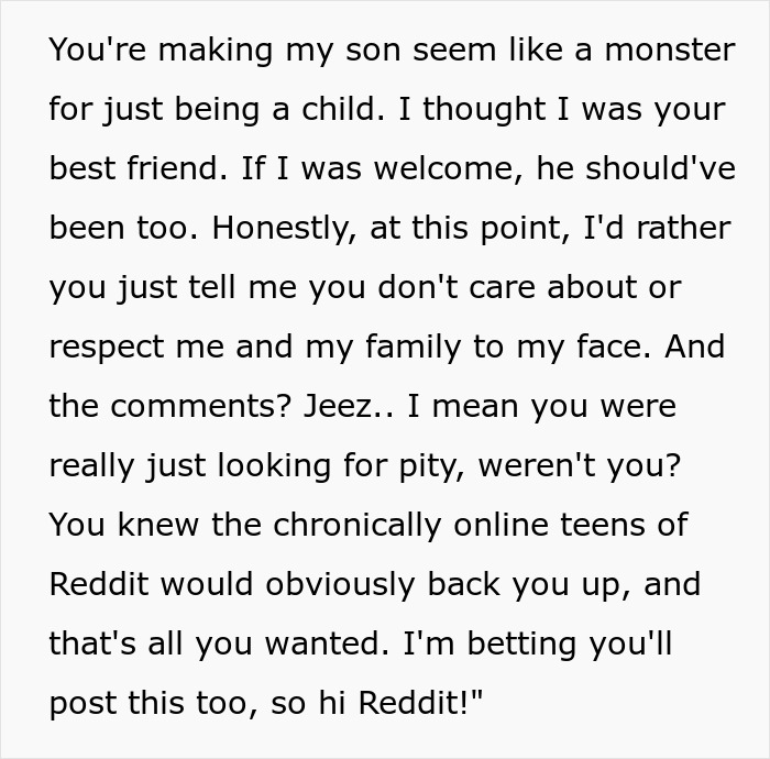 Text of a message criticizing a bride for bringing her child to a child-free wedding. Text of a message criticizing a bride for bringing her child to a child-free wedding.