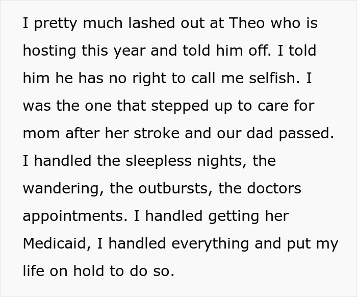 Text addressing family conflict over caring for mom in a facility. Text addressing family conflict over caring for mom in a facility.