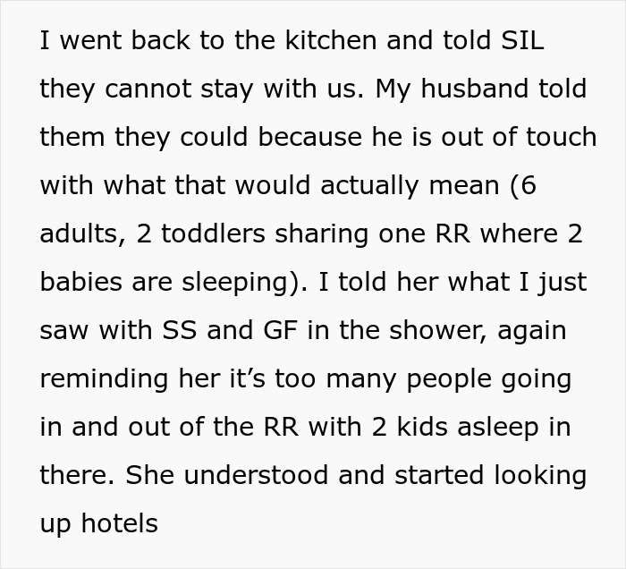Text discussing in-laws arriving unannounced on vacation, causing tension over sleeping arrangements. Text discussing in-laws arriving unannounced on vacation, causing tension over sleeping arrangements.
