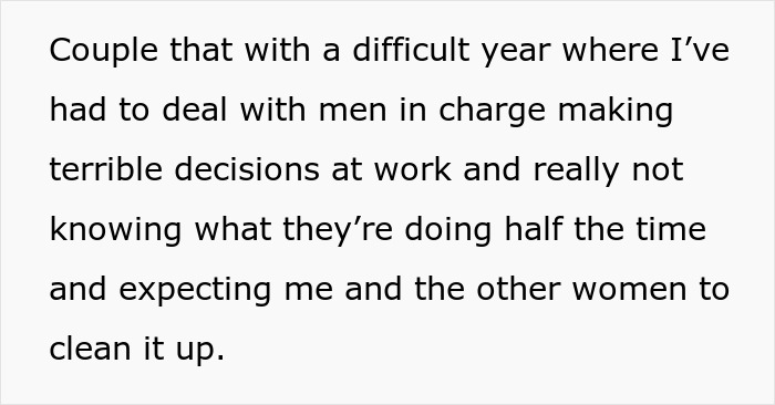 Text on gender and work dynamics highlights a tough year dealing with poor leadership decisions, expecting women to resolve issues. Text on gender and work dynamics highlights a tough year dealing with poor leadership decisions, expecting women to resolve issues.