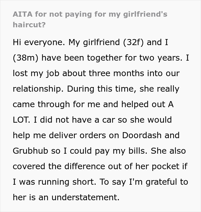 Text discussing a woman's support for her unemployed boyfriend lacking self-awareness. Text discussing a woman's support for her unemployed boyfriend lacking self-awareness.