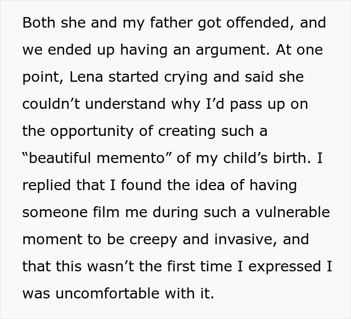 Text discusses argument over a "creepy and invasive" gift related to filming a personal moment during a child's birth. Text discusses argument over a "creepy and invasive" gift related to filming a personal moment during a child's birth.