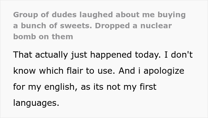 Text exchange about teens laughing at a woman buying candy. Text exchange about teens laughing at a woman buying candy.