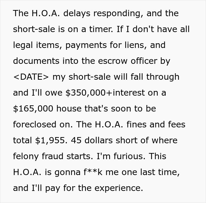 HOA communicates delayed responses, escalating costs, and potential foreclosure, creating homeowner frustration. HOA communicates delayed responses, escalating costs, and potential foreclosure, creating homeowner frustration.