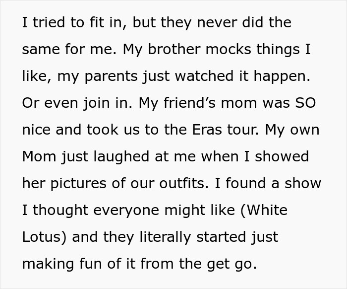Text discussing feeling left out and mocked by family highlights mom-relationship-drama. Text discussing feeling left out and mocked by family highlights mom-relationship-drama.