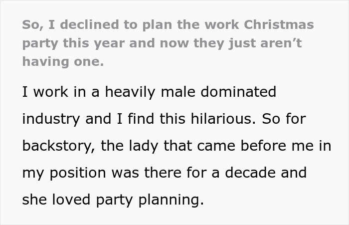 Text about a woman declining Christmas party planning in a male-dominated office, highlighting gender roles. Text about a woman declining Christmas party planning in a male-dominated office, highlighting gender roles.