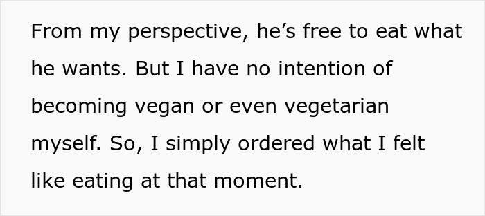 Text about ordering food preferences on a vegan date, addressing personal dietary choices confidently. Text about ordering food preferences on a vegan date, addressing personal dietary choices confidently.
