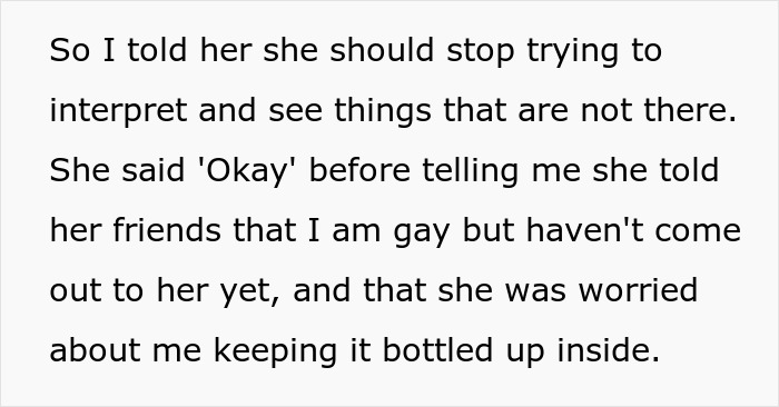 Text exchange highlighting family drama over mom's assumption about son's sexuality. Text exchange highlighting family drama over mom's assumption about son's sexuality.
