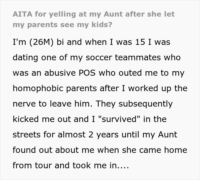 Text discussing family drama about an aunt letting nephews see grandparents. Text discussing family drama about an aunt letting nephews see grandparents.
