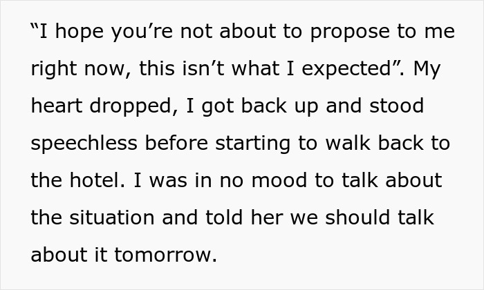Text screenshot about a rejected marriage proposal due to not being done "the right way". Text screenshot about a rejected marriage proposal due to not being done "the right way".