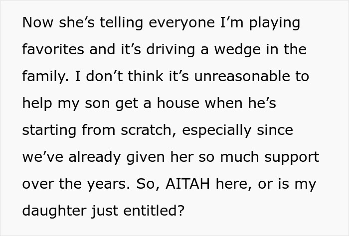 Text expressing family conflict over financial support, daughter upset parents help brother. Text expressing family conflict over financial support, daughter upset parents help brother.