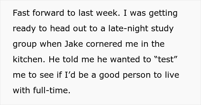 Text about roommate's boyfriend testing living suitability in the kitchen. Text about roommate's boyfriend testing living suitability in the kitchen.
