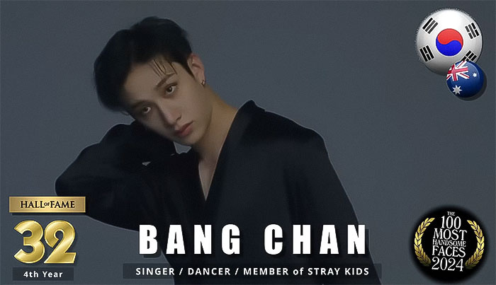 Bang Chan, ranked among the most handsome men of 2024, poses in a black shirt. Bang Chan, ranked among the most handsome men of 2024, poses in a black shirt.