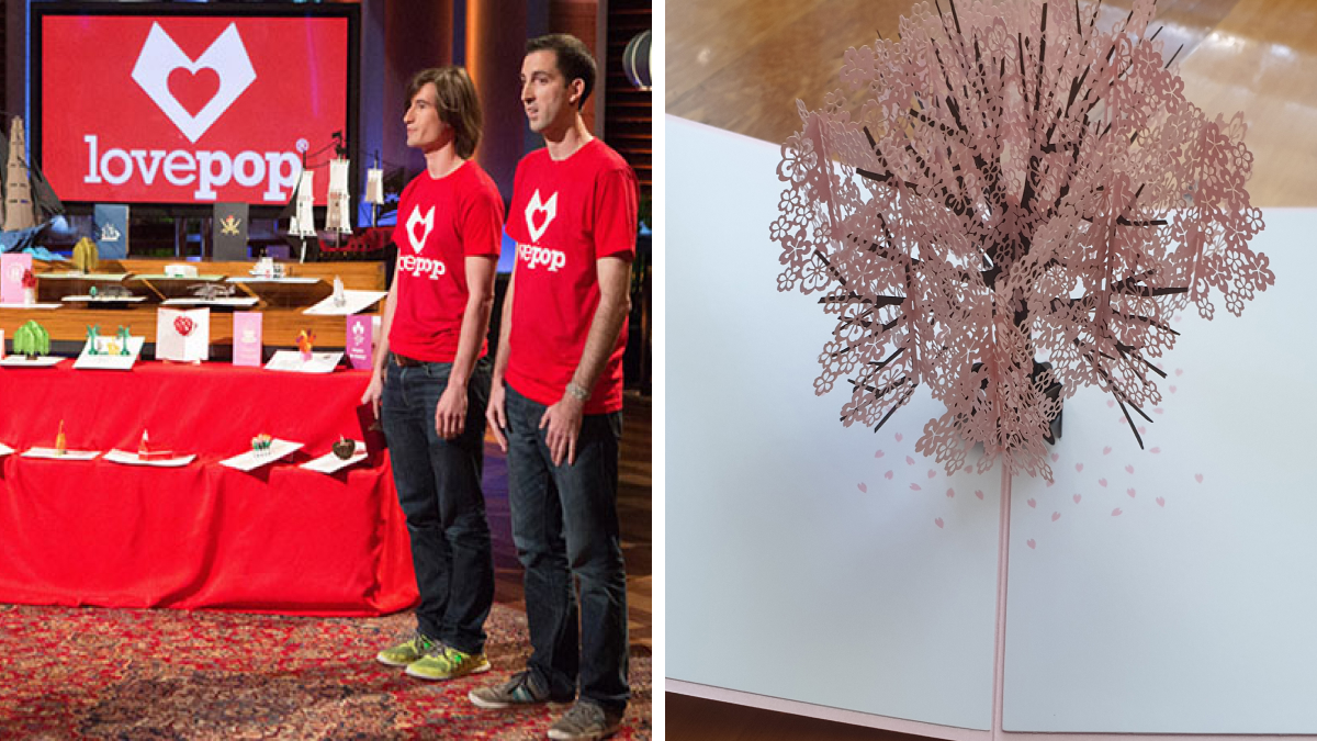 Two entrepreneurs presenting innovative pop-up card products on Shark Tank, showcasing successful product design.