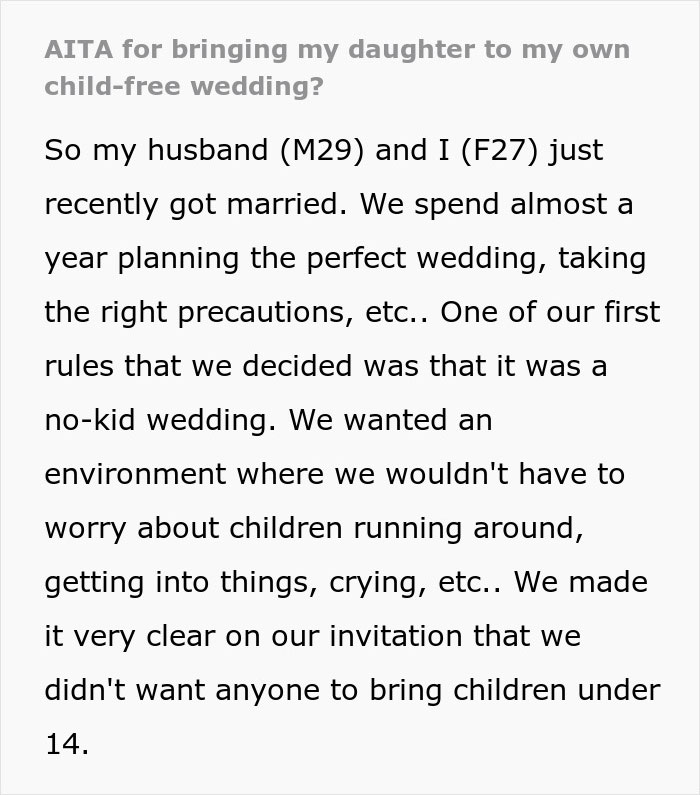 Text discusses a bride bringing her 11-month-old to her own child-free wedding. Text discusses a bride bringing her 11-month-old to her own child-free wedding.