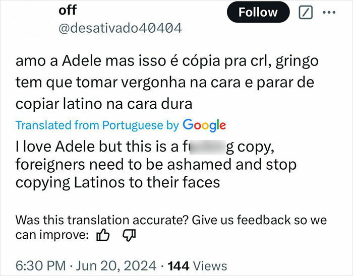 Tweet criticizing Adele song for plagiarism claim, urging foreigners to stop copying Latino culture. Tweet criticizing Adele song for plagiarism claim, urging foreigners to stop copying Latino culture.