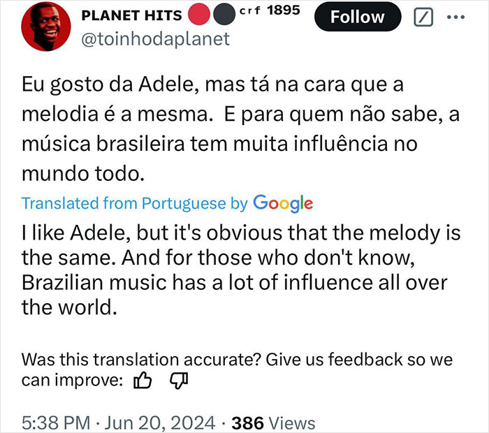 A tweet claims Adele's song has plagiarism issues, asserting Brazilian music influence globally. A tweet claims Adele's song has plagiarism issues, asserting Brazilian music influence globally.