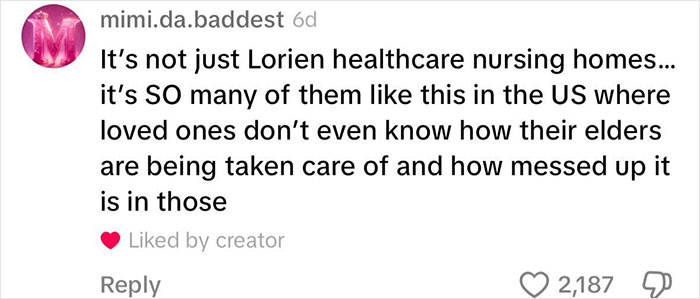 Comment addressing issues with nursing facilities in the US, mentioning Lorien Healthcare and general elder care concerns. Comment addressing issues with nursing facilities in the US, mentioning Lorien Healthcare and general elder care concerns.