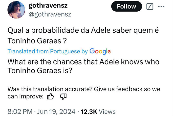 Tweet questioning Adele's awareness of Toninho Geraes amid plagiarism claim. Translation provided. Tweet questioning Adele's awareness of Toninho Geraes amid plagiarism claim. Translation provided.