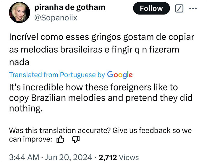 Tweet criticizing plagiarism, discussing foreign copies of Brazilian melodies. Tweet criticizing plagiarism, discussing foreign copies of Brazilian melodies.