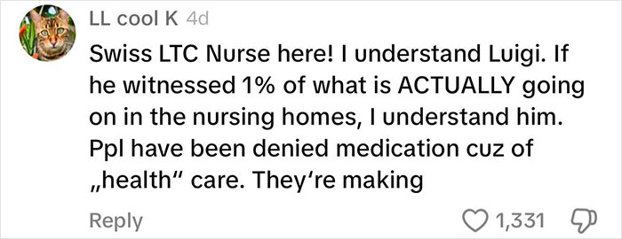 Comment discussing issues in Luigi Mangione's family nursing facilities, mentioning denial of medication in nursing homes. Comment discussing issues in Luigi Mangione's family nursing facilities, mentioning denial of medication in nursing homes.