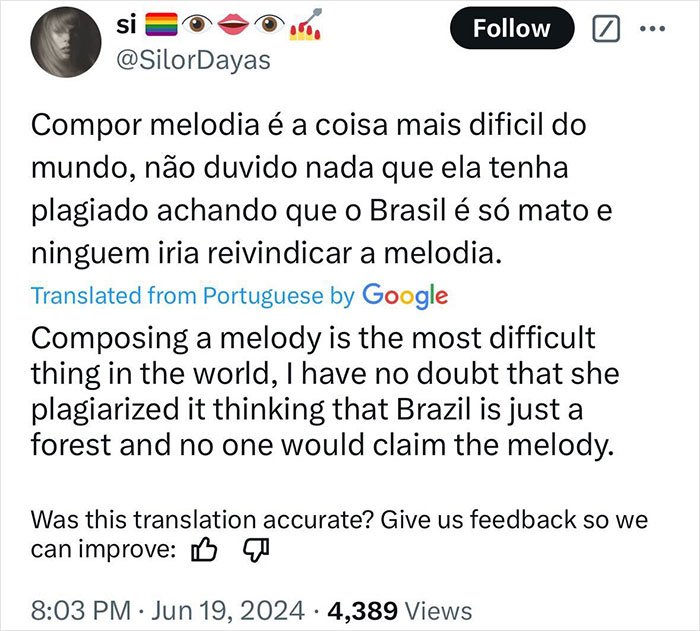Tweet discussing plagiarism claim involving Adele song and Brazilian melody. Tweet discussing plagiarism claim involving Adele song and Brazilian melody.