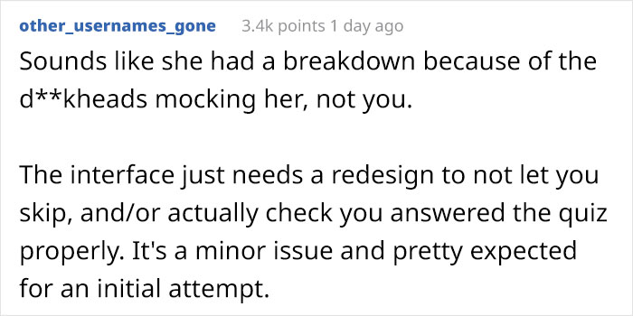 Reddit comment discussing HR director's mental breakdown due to others, suggesting interface redesign to avoid quiz issues. Reddit comment discussing HR director's mental breakdown due to others, suggesting interface redesign to avoid quiz issues.