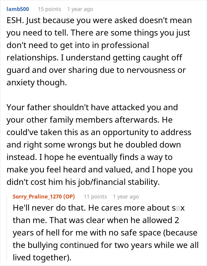 Reddit comment about a father's behavior toward his daughter, discussing professional relationships. Reddit comment about a father's behavior toward his daughter, discussing professional relationships.