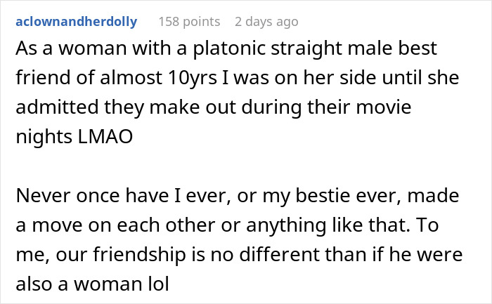 Reddit comment discussing platonic friendship and movie night make-outs, with humor and personal insights on friendship dynamics. Reddit comment discussing platonic friendship and movie night make-outs, with humor and personal insights on friendship dynamics.