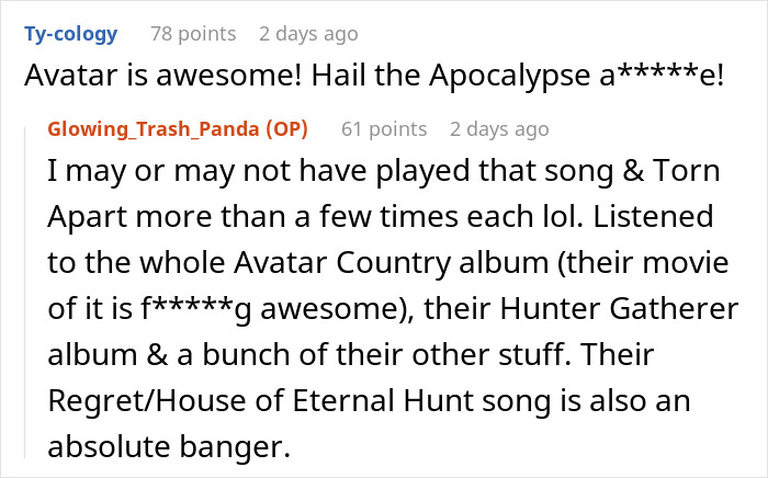 Screenshot of a Reddit conversation about the band Avatar, discussing their music and albums. Screenshot of a Reddit conversation about the band Avatar, discussing their music and albums.