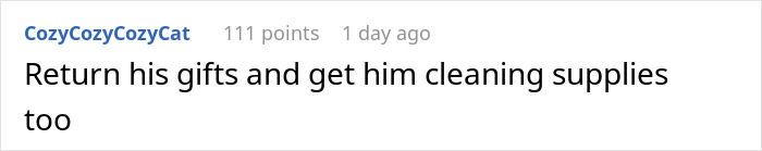 Reddit comment joking about returning early Christmas gifts and buying cleaning supplies. Reddit comment joking about returning early Christmas gifts and buying cleaning supplies.