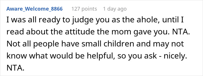 Reddit comment about a mom ignoring a child's tantrum on a plane, discussing appropriate behavior. Reddit comment about a mom ignoring a child's tantrum on a plane, discussing appropriate behavior.
