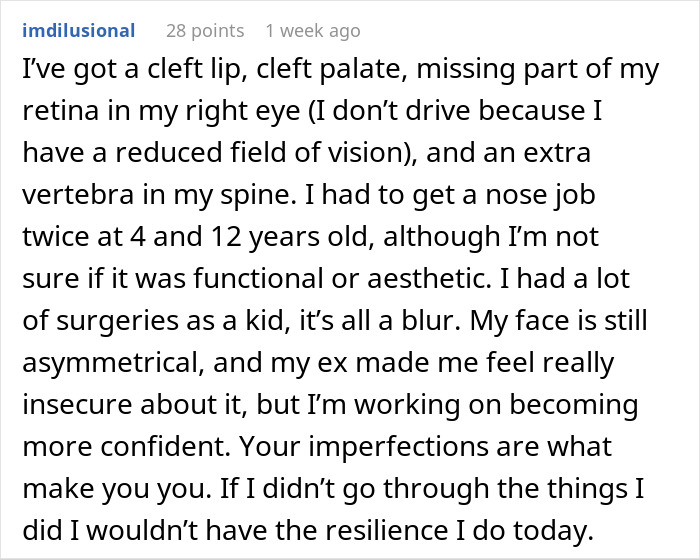 Text discussing personal experience with rare birth defect and self-acceptance journey. Text discussing personal experience with rare birth defect and self-acceptance journey.
