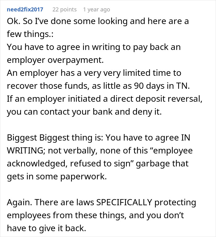 Text discussing employer overpayment, agreeing in writing, and legal protections for employees. Text discussing employer overpayment, agreeing in writing, and legal protections for employees.