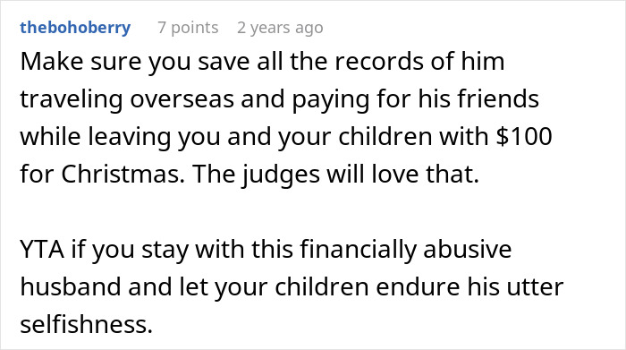 Online comment criticizing a man for leaving $100 for his family's Christmas while vacationing overseas. Online comment criticizing a man for leaving $100 for his family's Christmas while vacationing overseas.